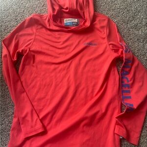 Magellan Outdoors Bright Red Hooded Performance Top with Blue Sleeve Logo
